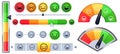Customer satisfaction meter scale. Customer rate with green happy smile and sad red faces, emotion measurements scales vector set