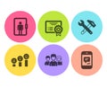 Customer satisfaction, Spanner tool and Teamwork icons set. Reject certificate, Elevator and Message signs. Vector
