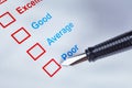 Customer satisfaction survey checkbox with rating and pen pointing at Poor, can use any business concept background