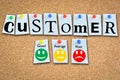 Customer satisfaction survey with smiley faces on wooden cork or panel