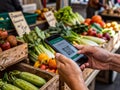 Customer Scanning QR Code on Smartphone at Fresh Produce Market for Digital Payment Royalty Free Stock Photo