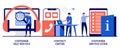 Customer self-service, contact center, customer service guide concept with tiny people. Client support online helpline abstract