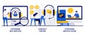 Customer self-service and service guide, contact center concept with tiny people. User support vector illustration set. Client