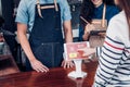 Customer self service order drink menu with tablet screen at cafe counter bar,seller coffee shop accept payment by mobile.digital