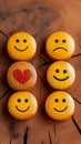 Customer sentiment Smiley faces on wooden buttons convey positive reviews