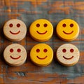 Customer sentiment Smiley faces on wooden buttons convey positive reviews