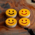 Customer sentiment Smiley faces on wooden buttons convey positive reviews