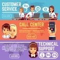 Customer service banners with call center support operators helping customer. Vector set