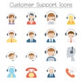 Customer service and Call Center icon set in flat color style