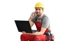 Customer service com craftsmen - workers with telephone and notebook on the construction site // white background Royalty Free Stock Photo