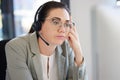 Customer service, computer and business woman bored with help desk work, networking overtime or telemarketing. Burnout Royalty Free Stock Photo