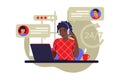 Customer service concept. African woman with headphones and microphone with laptop. Support, assistance, call center. Vector Royalty Free Stock Photo