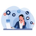 Customer Service concept with online personnel working on laptops taking calls and answering queries, vector illustration