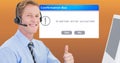 Customer service executive showing thumbs up by dialog box Royalty Free Stock Photo