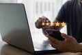 Customer service experience and business satisfaction survey concept. Close up customer hand using a smartphone to give five-star Royalty Free Stock Photo