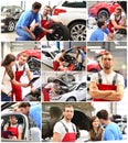 customer service in a garage - mechanic and customer discuss the repair of a vehicle - portrait workman