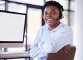 Customer service, happy portrait and black man in call center with computer mockup for website contact. Sales agent