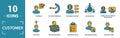 Customer Service icon set. Include creative elements agent console, case priority, satisfaction, helpdesk, knowledge base icons.