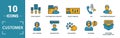 Customer Service icon set. Include creative elements agent console, case priority, satisfaction, helpdesk, knowledge base icons.
