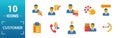 Customer Service icon set. Include creative elements agent console, case priority, satisfaction, helpdesk, knowledge base icons.