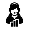 Customer service icon vector female data support person profile avatar with headphone and bar graph for online assistant in glyph