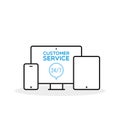 Customer service 24/7 illustration. Smartphone, desktop computer and tablet line icons. Concept of 24/7, open 24 hours, support,