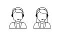 Customer service line icon. Male and female person with handphone in callcenter. Hotline support assistance. Advisors with headset