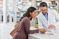 Customer, service and medicine prescription at pharmacy with help from healthcare expert at store counter. Professional Royalty Free Stock Photo