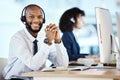 Customer service portrait, computer consulting and black man telemarketing on contact us CRM or telecom. Call center Royalty Free Stock Photo