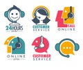 Customer service promotional emblem with woman operator in headset. Informative help about bought product logos set.