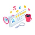 Customer service review, product rate feedback isometric concept. 3d Rating speech bubble with gold stars and user icon,