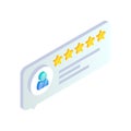 Customer service review, product rate feedback isometric icon. Rating speech bubble with gold stars, user icon isolated on white.