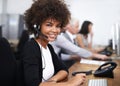 Customer service, smile and portrait of woman in office with headset working on online telemarketing consultation. Happy Royalty Free Stock Photo