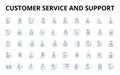 Customer service and support linear icons set. Satisfaction, Empathy, Feedback, Communication, Reliability