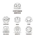 Customer service vector illustration. Outlined support symbols collection. Royalty Free Stock Photo