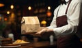 Customer service: Worker hands order to patron, ensuring a delightful restaurant visit.