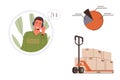 Customer support agent with headset, data chart, and pallet jack with stacked boxes for logistics Royalty Free Stock Photo