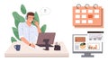 Customer Support Agent Working at Desk with Computer, Calendar, and Business Analytics on Screen Royalty Free Stock Photo