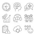 Customer support and AI communication line icons with chatbot, cloud sync, business growth, and service management, vector.