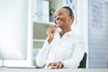Customer support, call center and black woman in office for crm, consulting and and contact us, happy and relax Royalty Free Stock Photo
