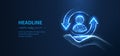 Customer support. Client icon on hand isolated on blue. All inclusive customer care, client servise, employee retention