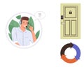 Customer Support Concept with Call Center Agent, Secure Door Access, and Process Cycle Illustration Royalty Free Stock Photo