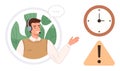 Customer Support Concept with Man Wearing Headset, Clock, and Warning Sign in Modern Design Royalty Free Stock Photo