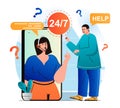 Customer support concept in modern flat design. Man needs help and contacted call center. Operator consults client using video