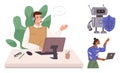 Customer support interaction with AI-powered robot assistant and remote collaboration on laptop Royalty Free Stock Photo