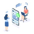 Customer support isometric concept. Call center help web banner. Online service help assistance. Vector illustration