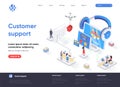 Customer support isometric landing page. Call center service, online assistance, hotline consultation and help chat