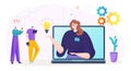 Customer support online service, vector illustration, huge assistant woman character hold idea light bulb at laptop