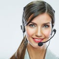 Customer support operator close up portrait. call