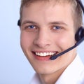 Customer support operator with a headset on white background
